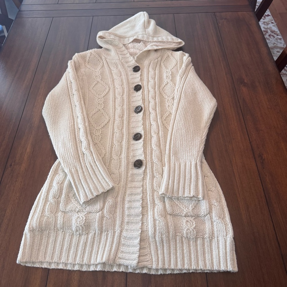 Vintage Abercrombie Women’s 100% Wool Fleece Lined Tunic Cardigan Sz M Cream Y2K
